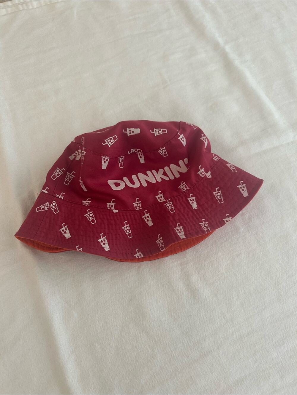 Dunkin Reversible Bucket Hat Orange Pink Coffee Cup Print Logo Hat
